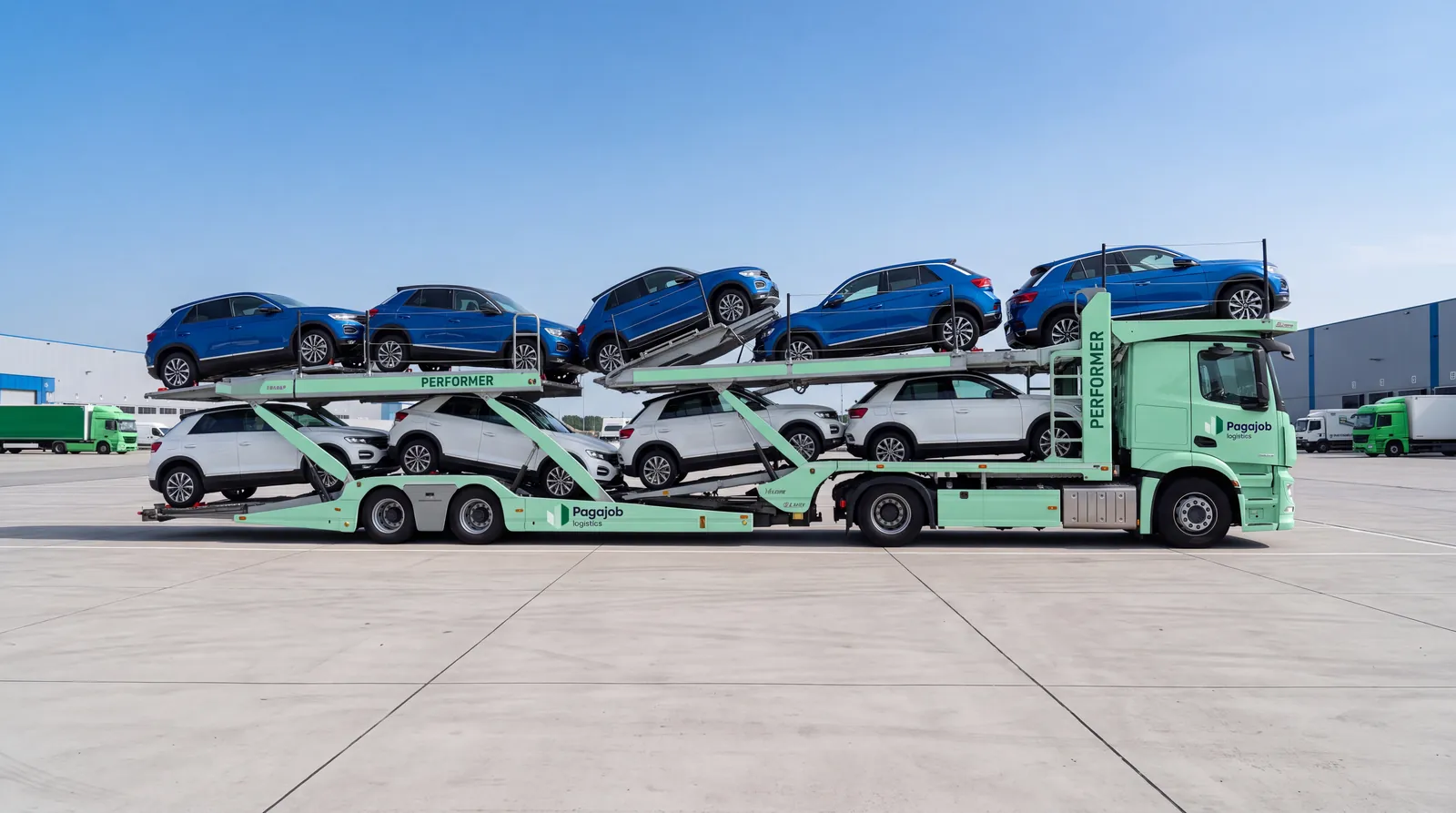 Camion porte-voitures chargé de huit véhicules