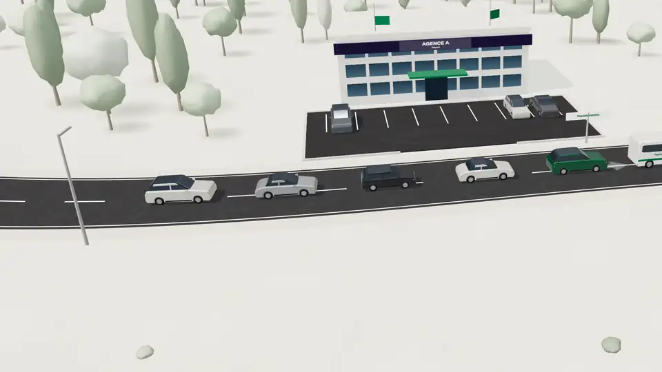 Convoi de véhicules Pagajob Logistics derrière la navette, au départ d’une agence
